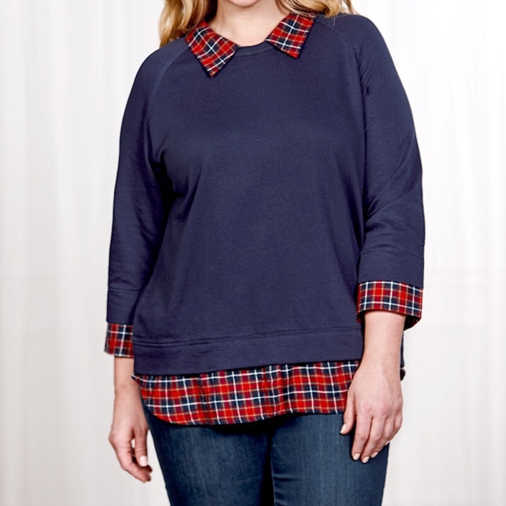 NWT Women's Navy Blue With Red White Plaid Trimmed Knit Long Sleeve Tunics M